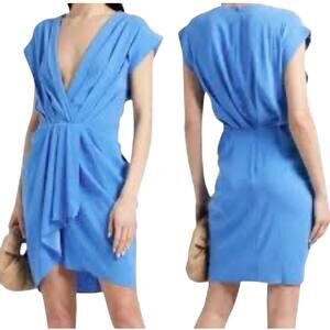 IRO Garm Blue Faux Wrap Draped Pleated Cap Sleeve V-Neck Crepe Mini Dress Size 6